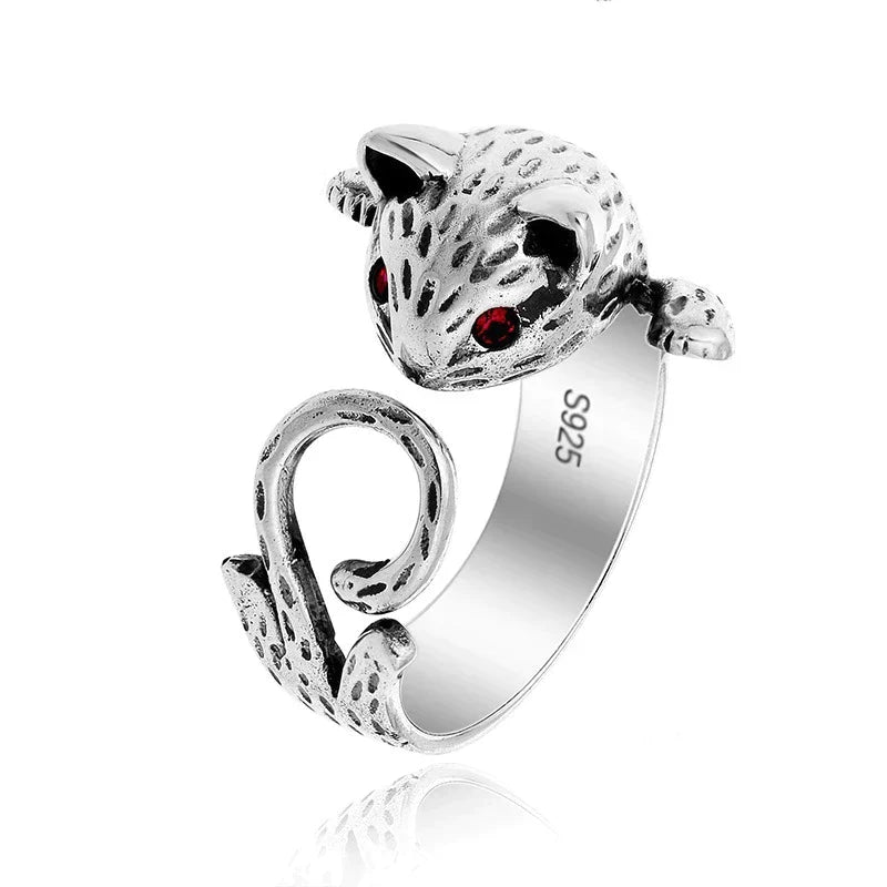 Anillo de gato ajustable pintado a mano en plata de ley 925
