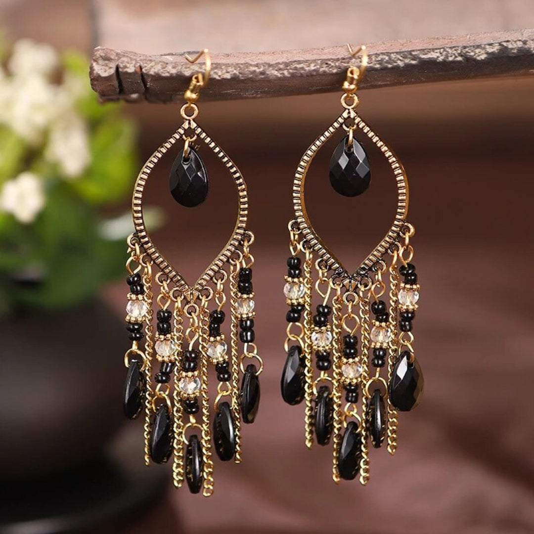 Boucles d'oreilles pendantes mandala bohème en zircon noir