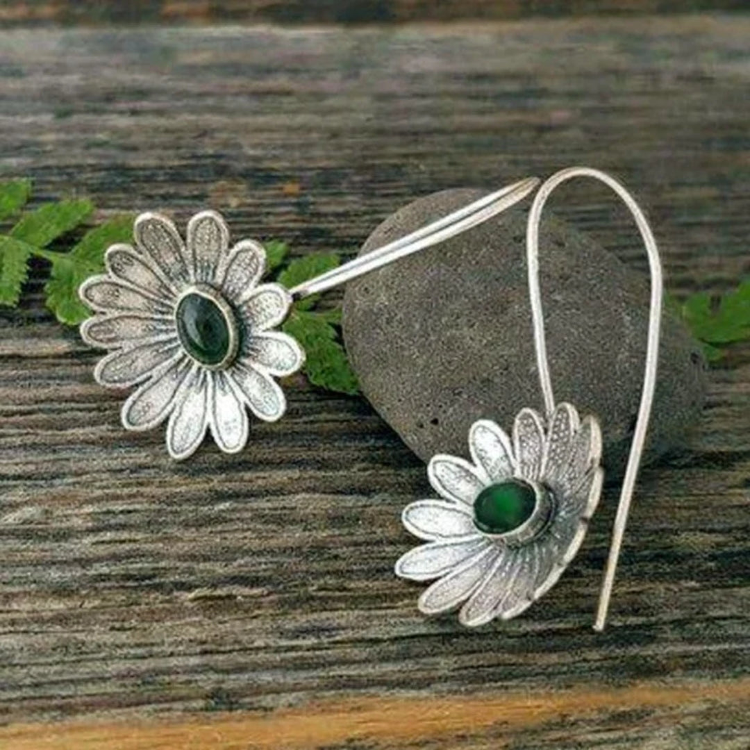 Boucles d'oreilles vintage en pierre verte en forme de fleur