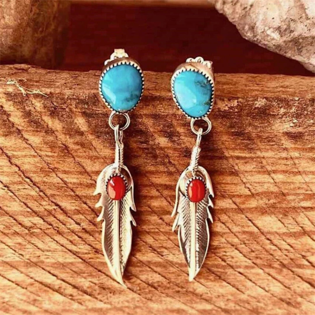 Pendientes vintage de plumas con piedra turquesa