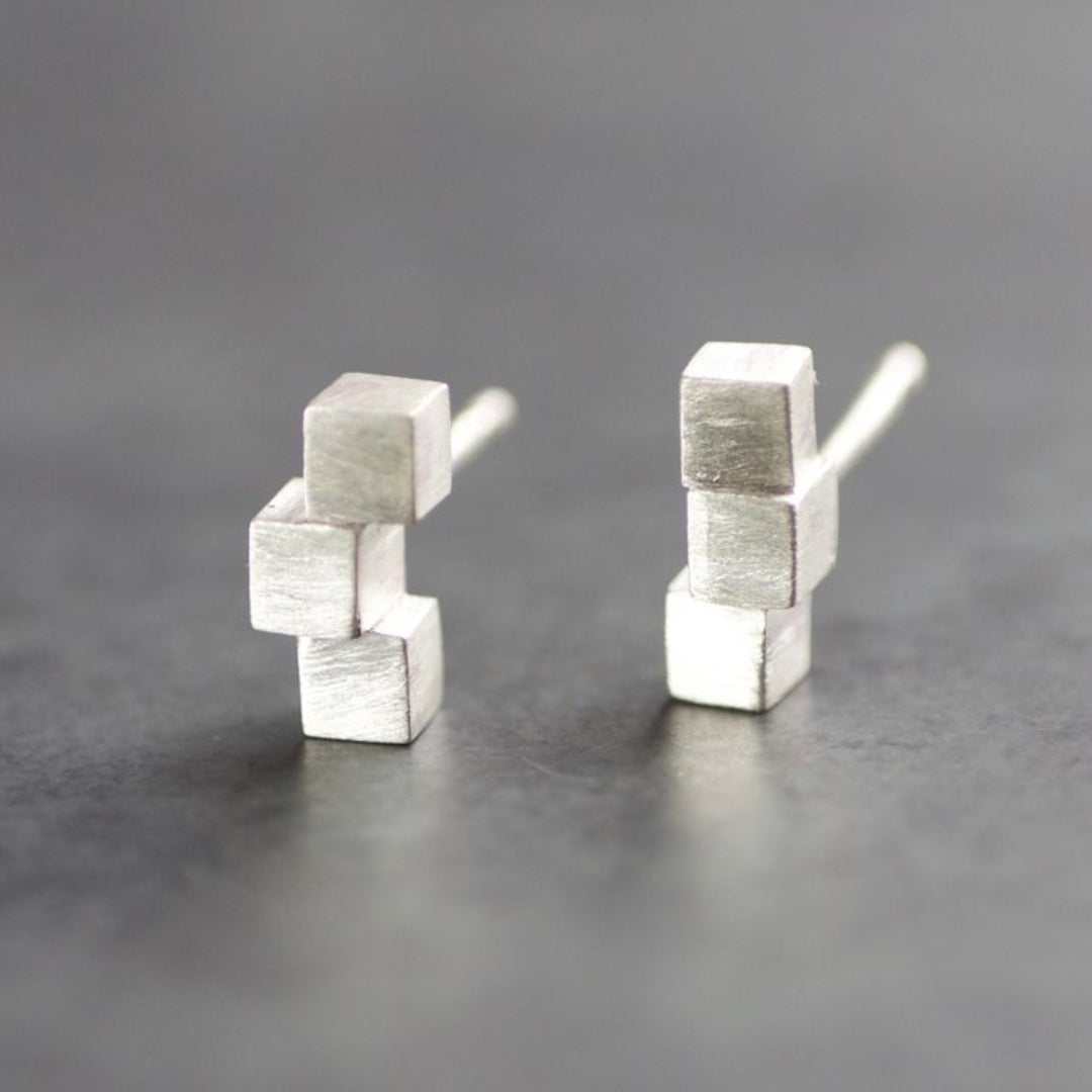 Boucles d'oreilles vintage en argent en forme de cube