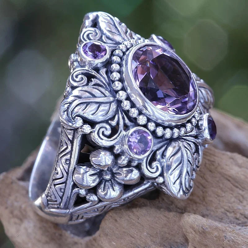 Vintage Silver Amethyst Floral Ring
