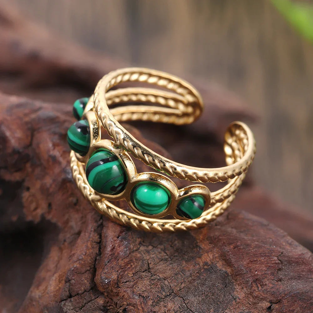 Handcrafted Green Stone Gold Adjustable Ring
