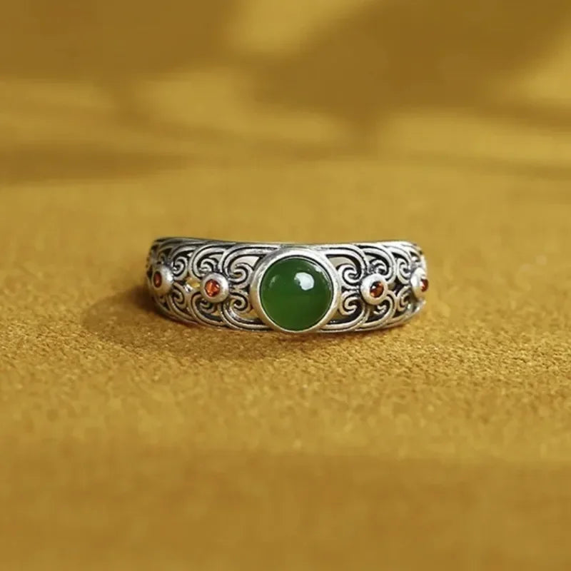 Handmade Vintage Silver Green Stone Adjustable Ring