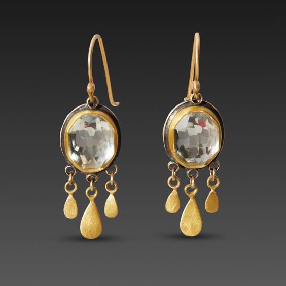 Pendientes colgantes vintage de cristal blanco y oro