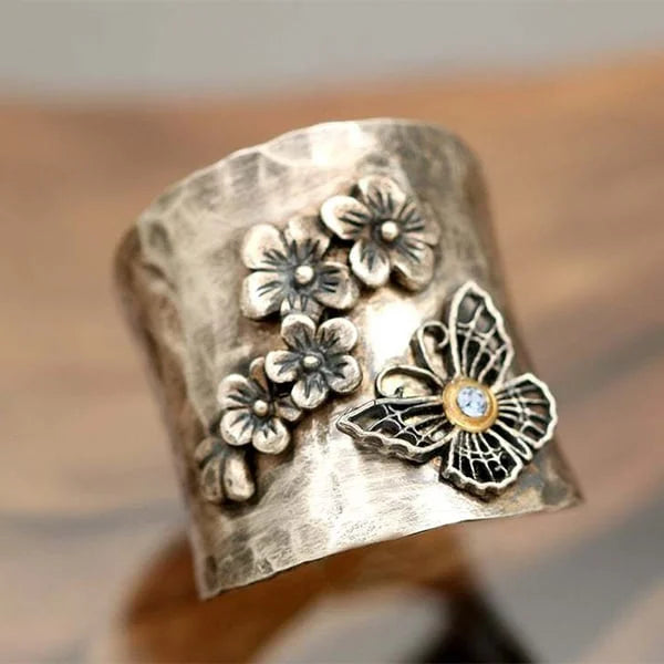 Bague large abeille fleur papillon
