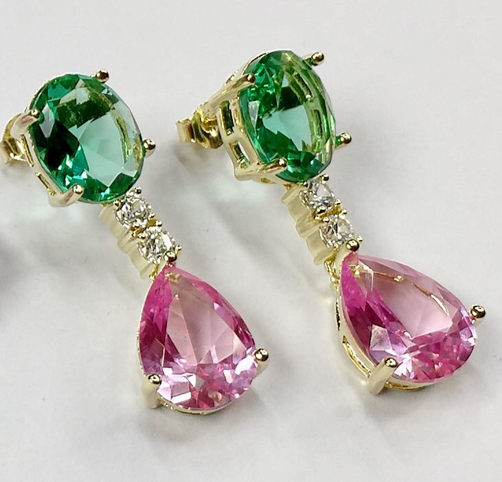 Pendientes vintage de circonita verde con gota rosa