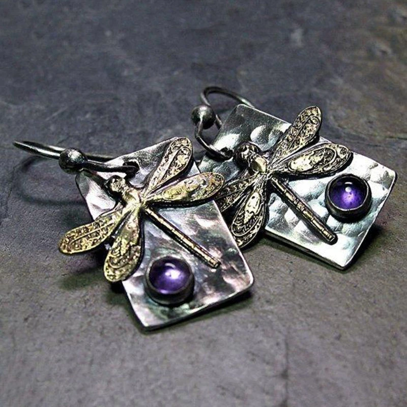 Pendientes vintage de libélula de cristal morado
