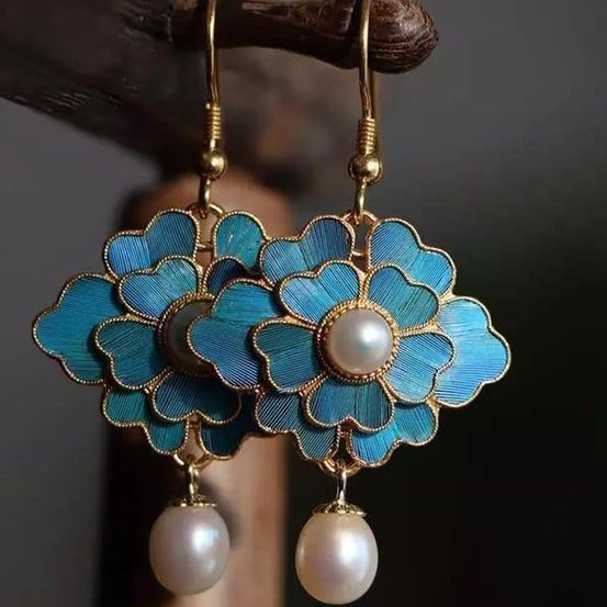 Pendientes colgantes vintage de perla de loto azul
