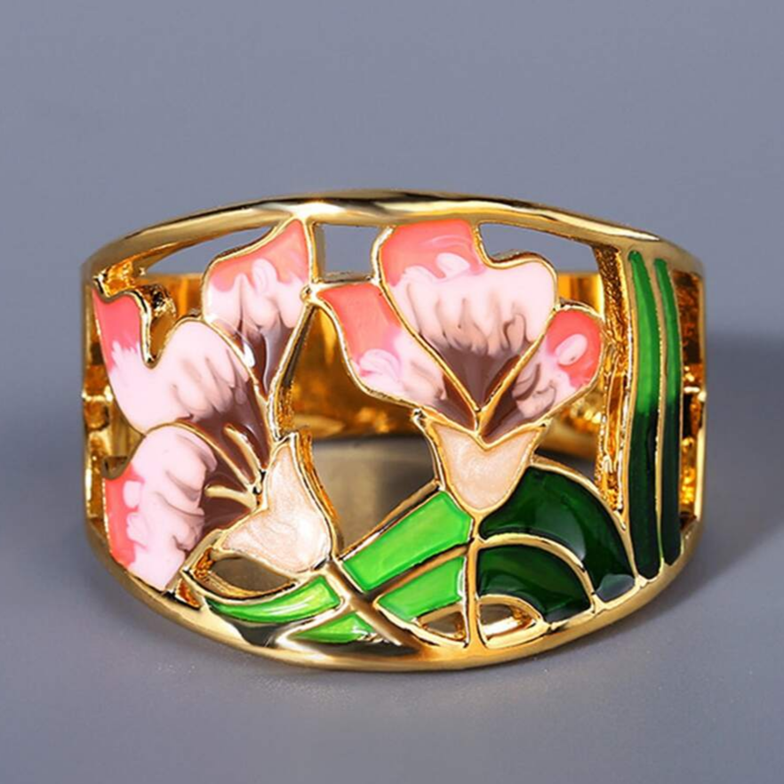Bague vintage en émail doré à motif floral