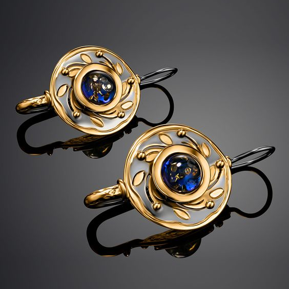 Pendientes vintage de cristal azul redondo dorado