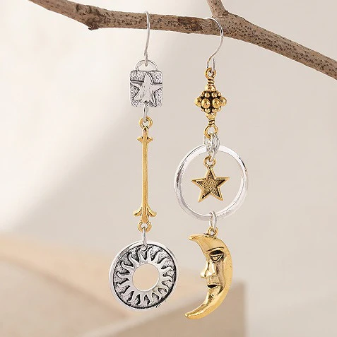 Boucles d'oreilles pendantes vintage en forme de lune, dorées et argentées