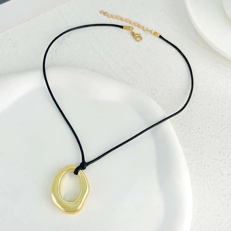 Gold Abstract Oval Pendant & Adjustable Black Rope Necklace