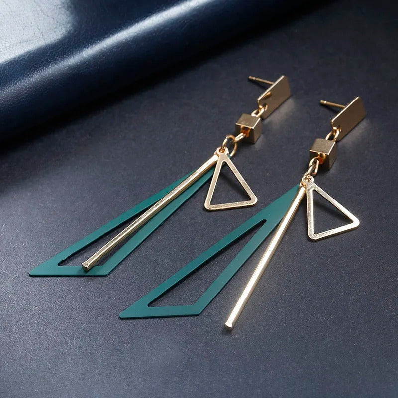 Pendientes colgantes vintage con barra triangular verde y dorada