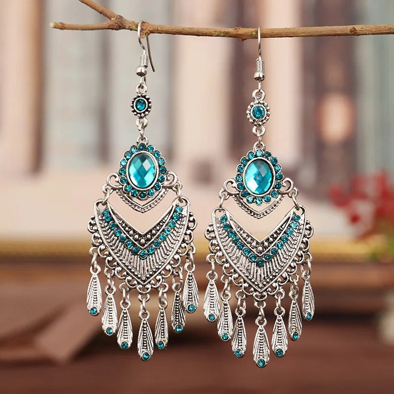 Boucles d'oreilles pendantes vintage en argent et cristal bleu turquoise