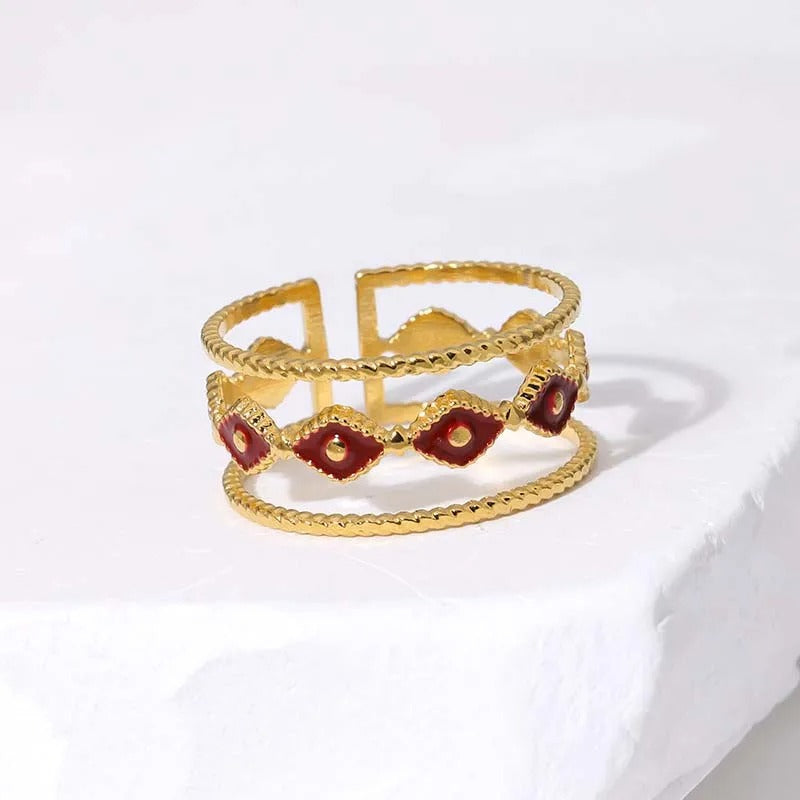 Gold Multi-Band Red Stone Adjustable Ring