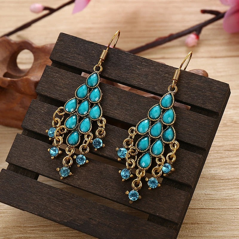 Pendientes vintage de lágrima de oro y turquesa azul