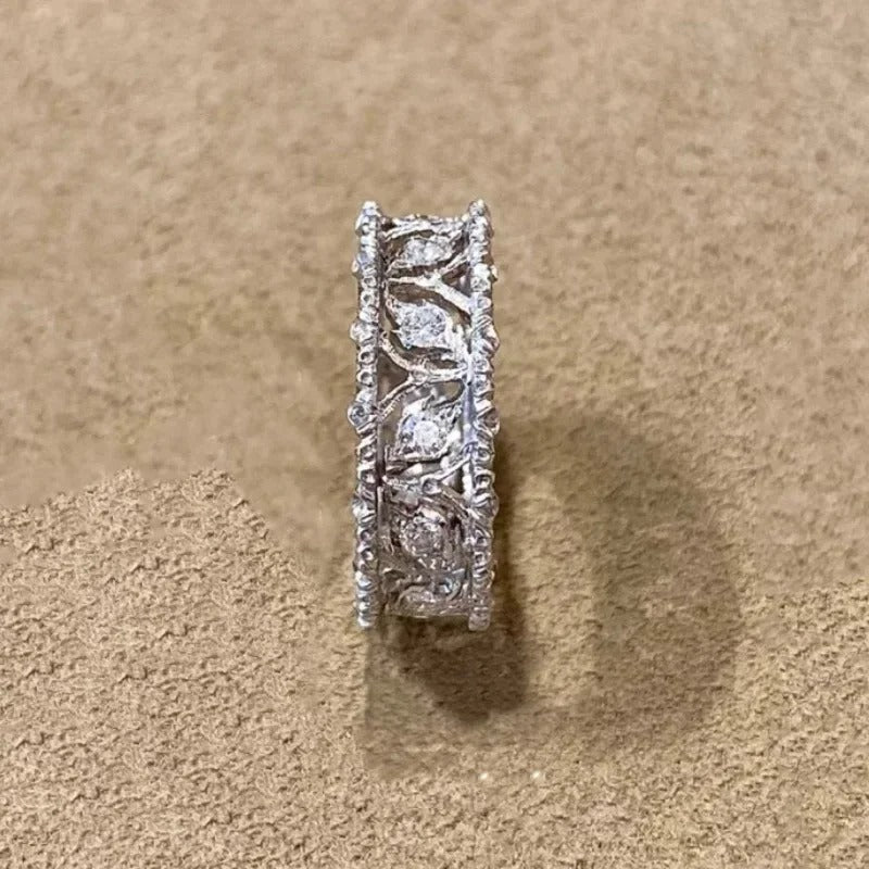 Vintage Silver & Diamond Carved Leaf Adjustable Ring