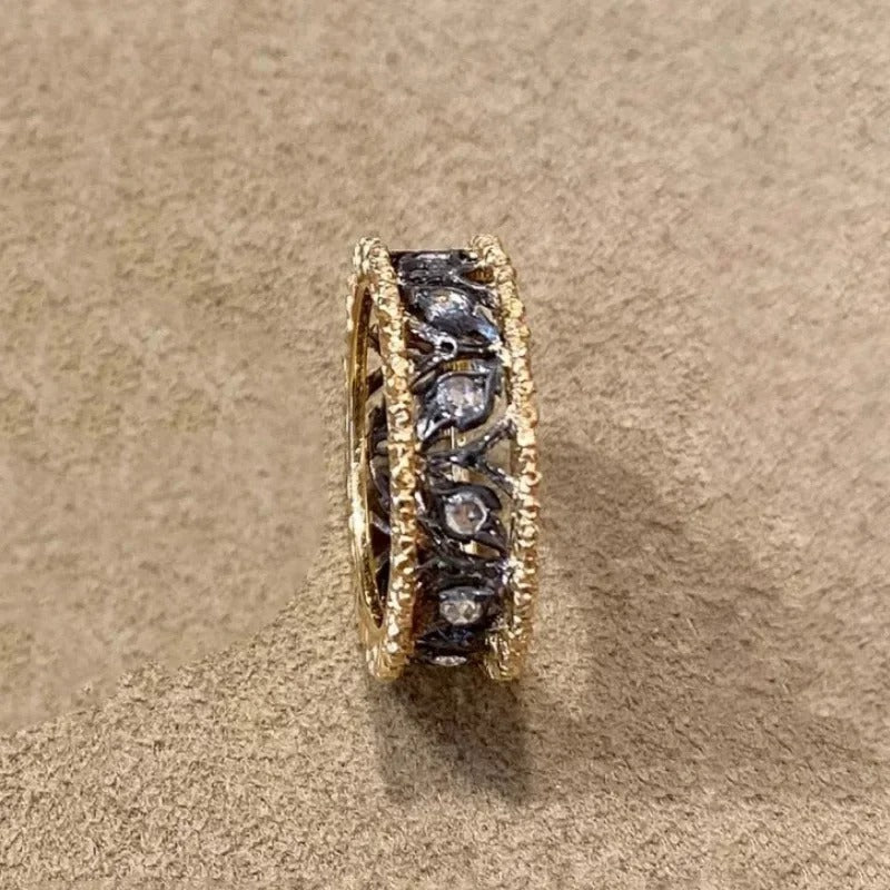 Vintage Gold & Black Carved Leaf Hollow Adjustable Ring