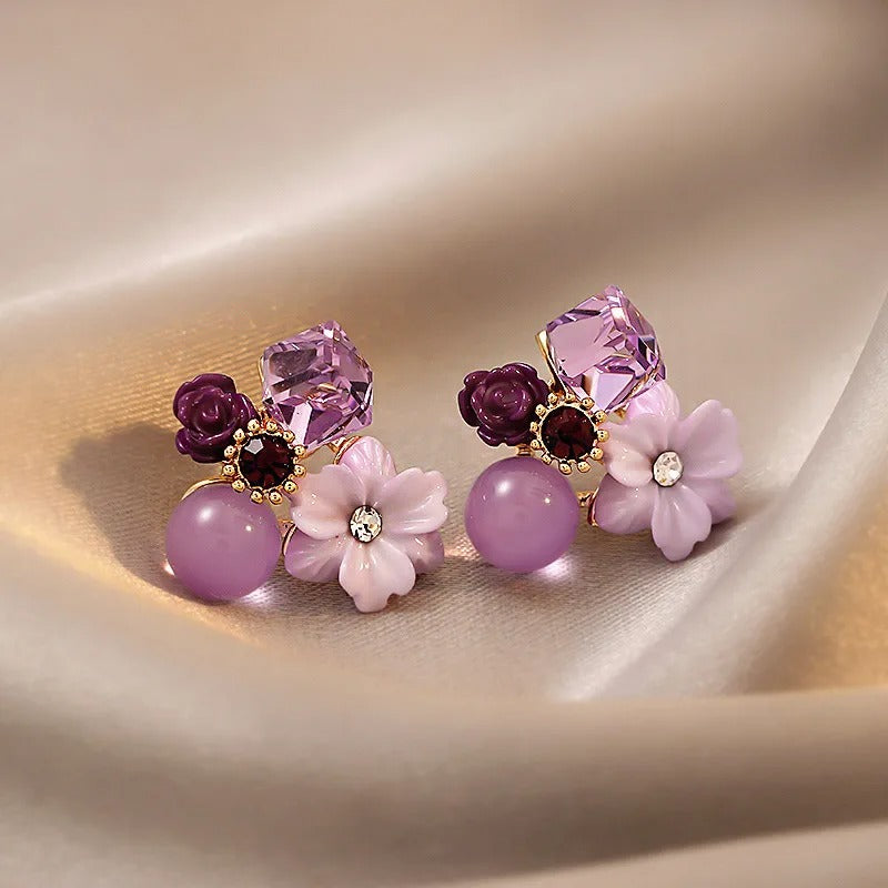 Pendientes vintage de lavanda con flores y cristales
