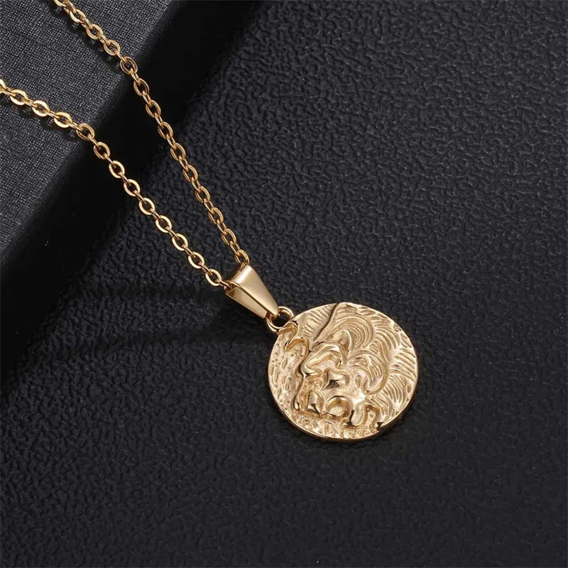 Classic Gold Engraved Lion Head Coin Pendant Necklace
