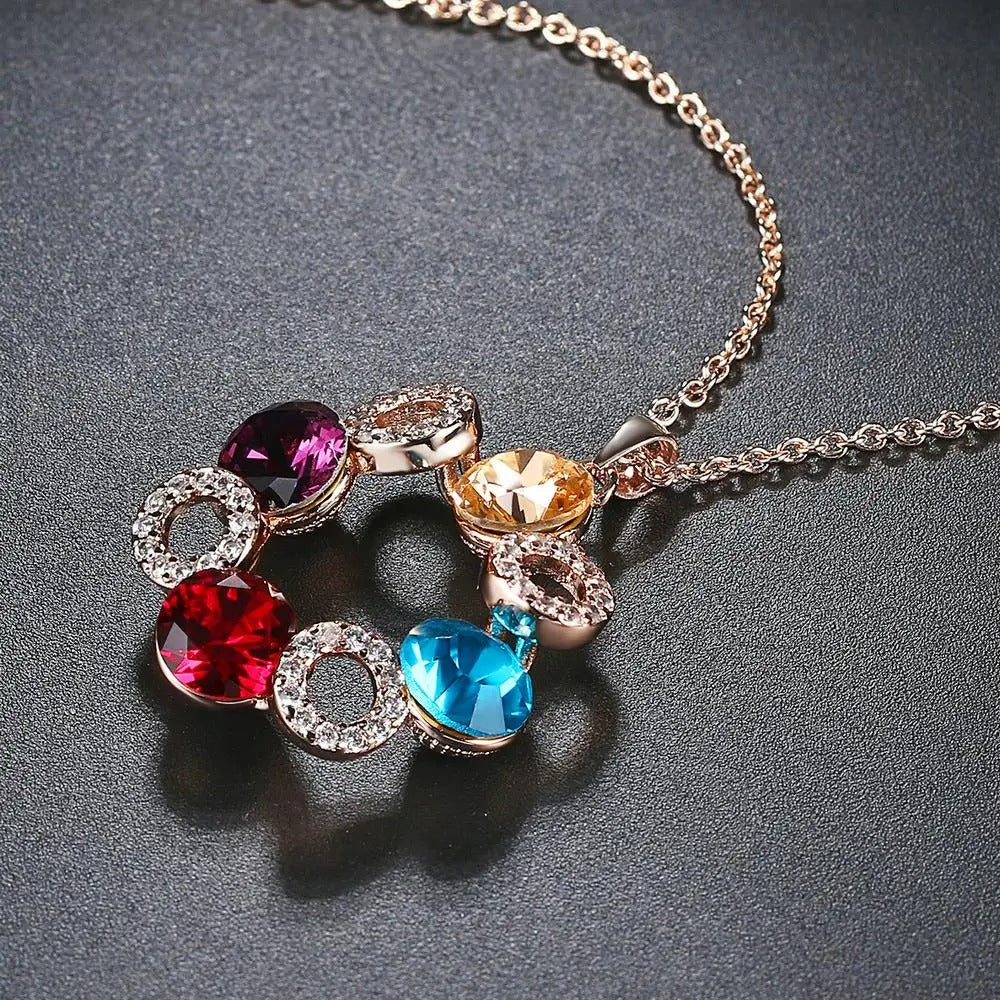 Rose Gold Colorful Crystal Circle Pendant Necklace