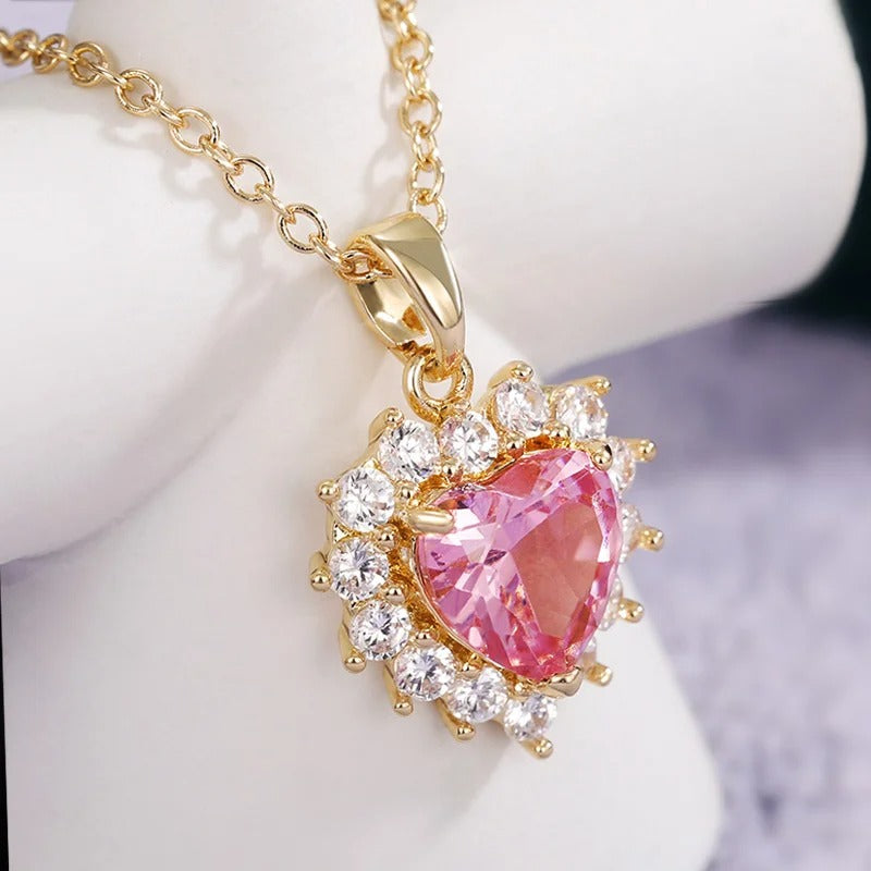 Collier vintage or rose cœur et cristal