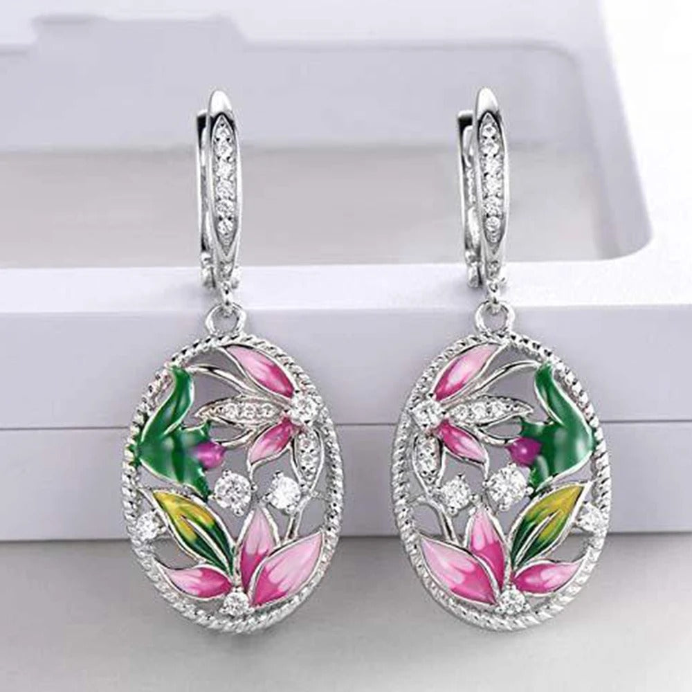 Pendientes colgantes de cristal con flores de plata