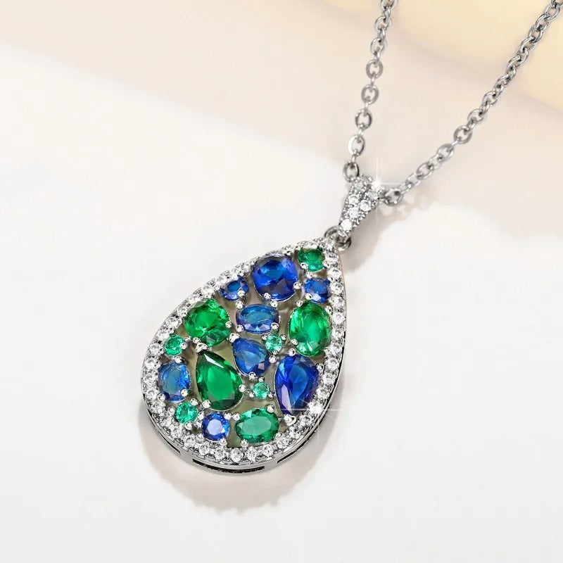 Collier en argent, pierres vertes et bleues