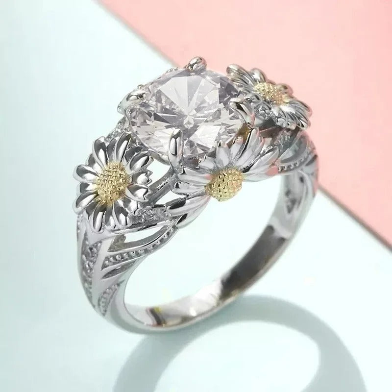 Anillo vintage de plata y girasol amarillo
