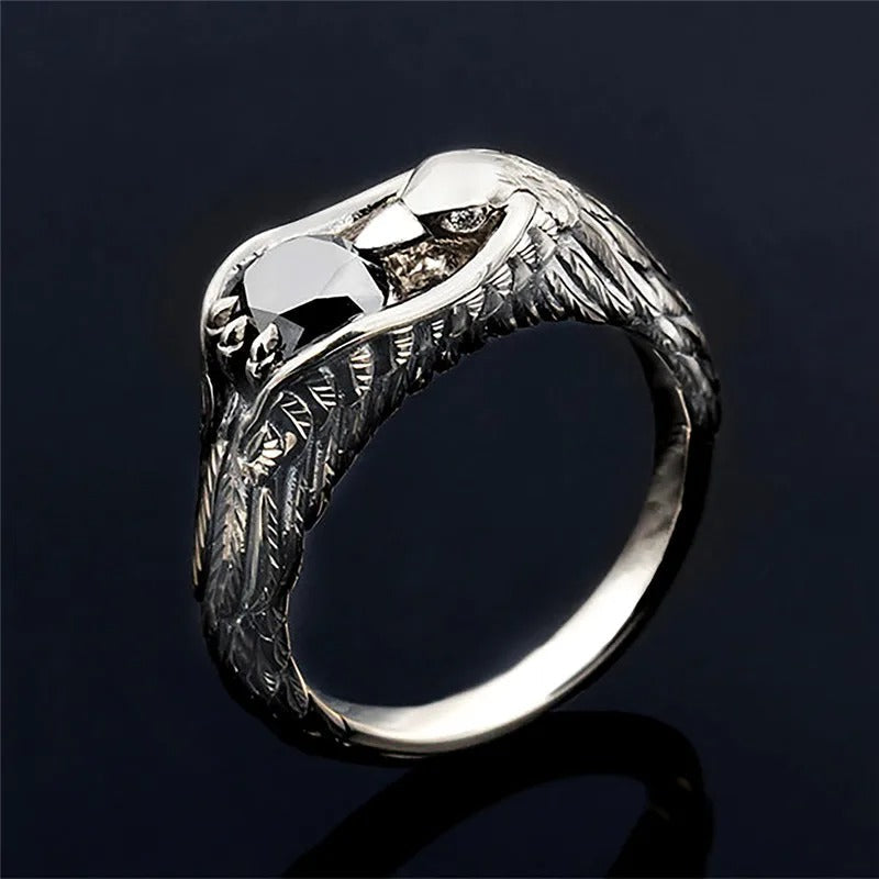 Bague vintage en argent avec plume d'aigle noir