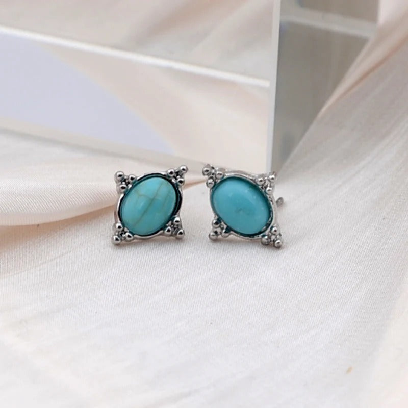 Boucles d'oreilles ovales vintage en argent et turquoise