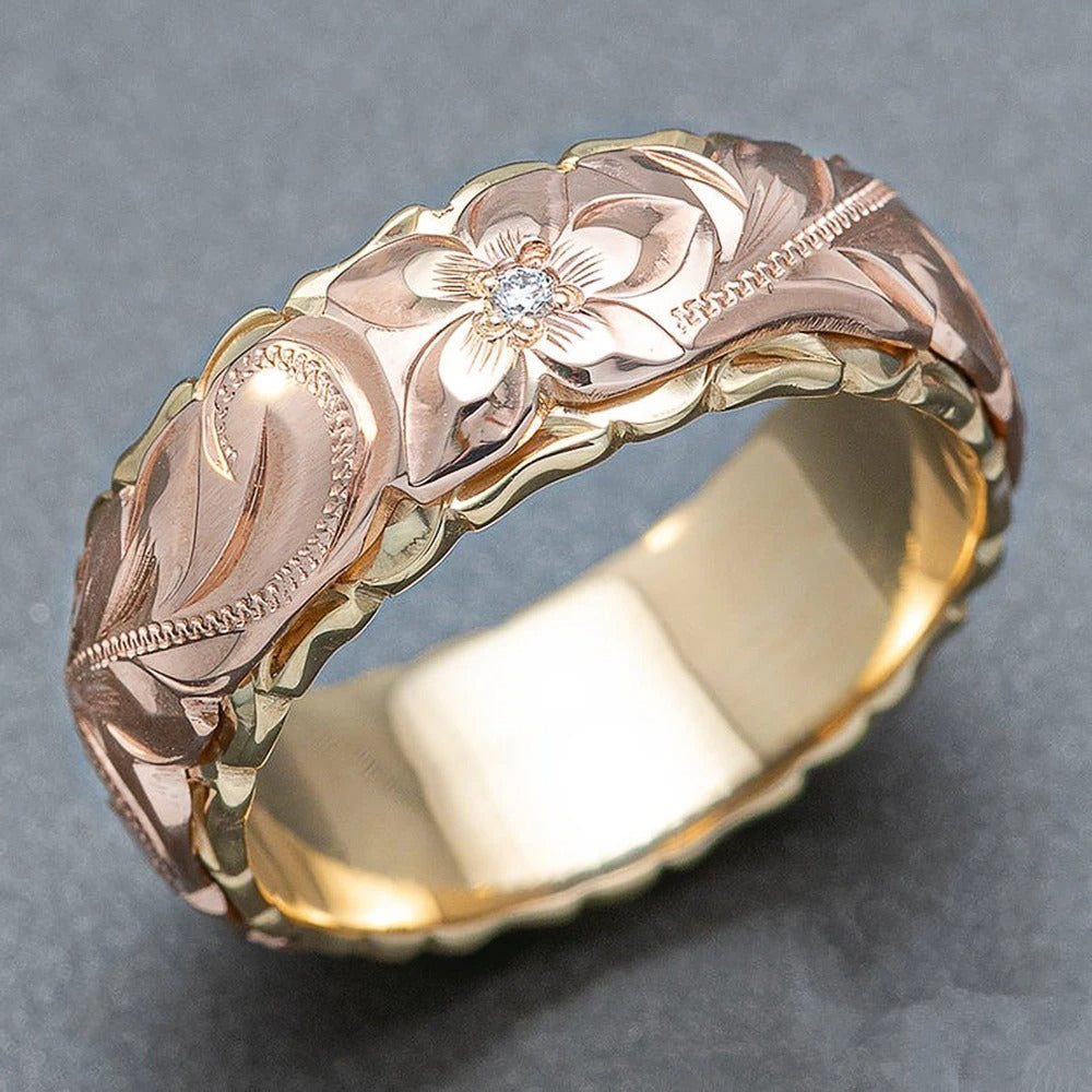 Anillo vintage de oro rosa con flor grabada