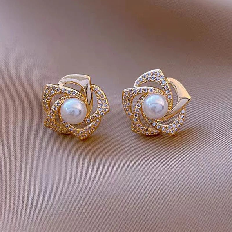 Spiral Pearl Petal Flower Stud Earrings