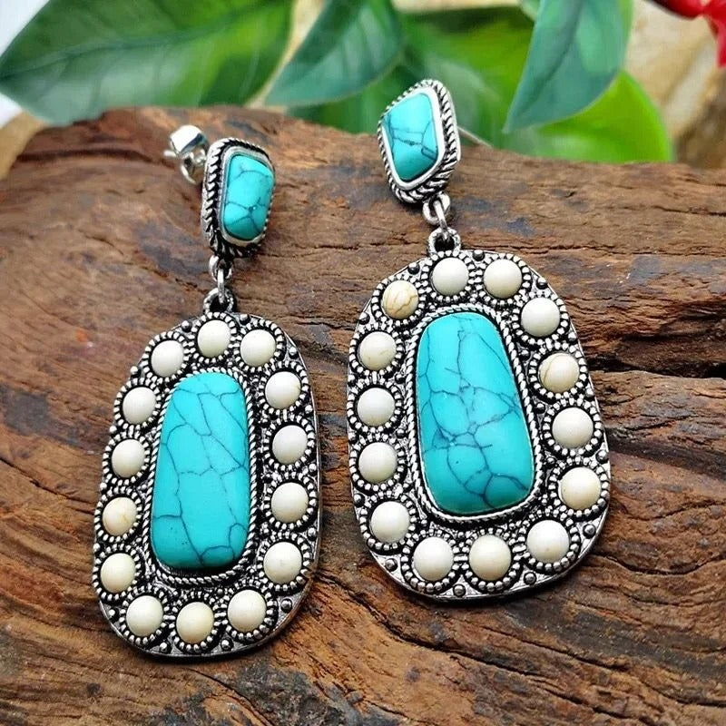 Pendientes colgantes vintage de plata con turquesa y perla