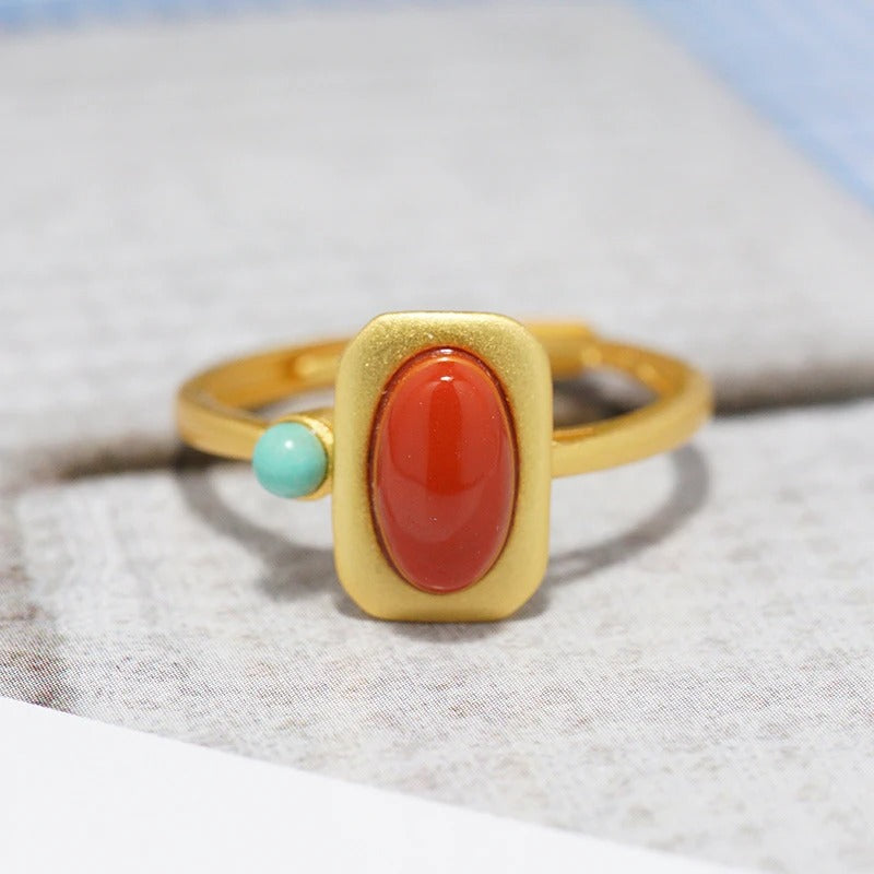 Anillo ajustable cuadrado de turmalina roja del sur de estilo artístico