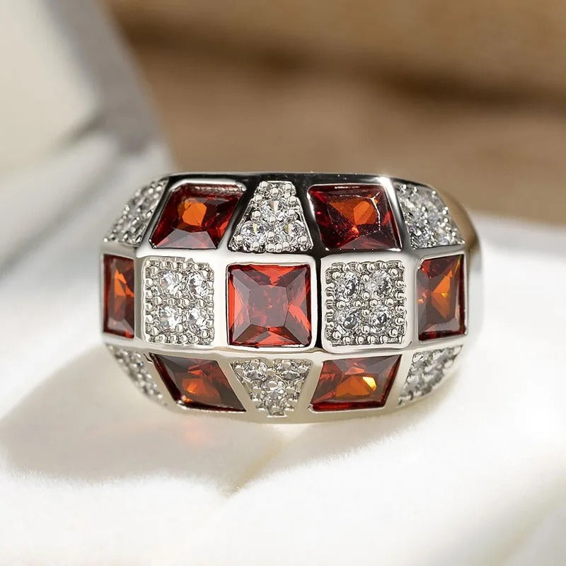 Vintage Silver & Red Gemstone Pave Ring