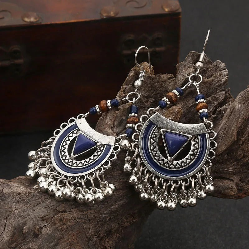 Pendientes vintage de borlas tribales de plata en tonos azules
