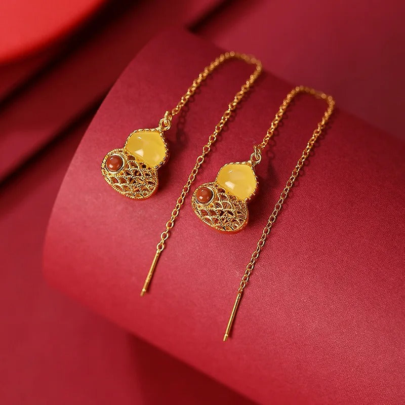 Pendientes vintage de calabaza con flecos en forma de lágrima dorada y amarilla