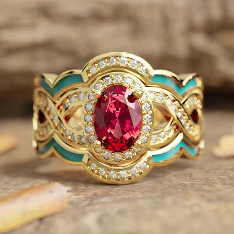 Bague vintage en or, pierre rouge et cristal