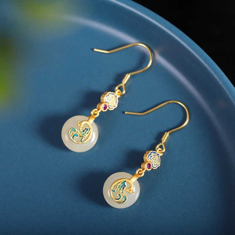 Pendientes colgantes vintage de danza del fénix con círculos florales y dorados