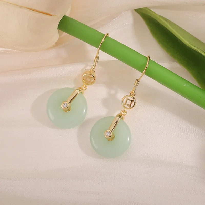 Pendientes colgantes vintage de cristal circular dorado y verde