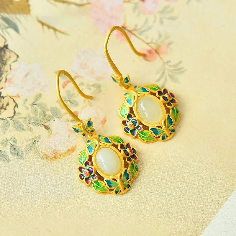 Pendientes colgantes vintage con flores doradas y verdes de piedras preciosas blancas