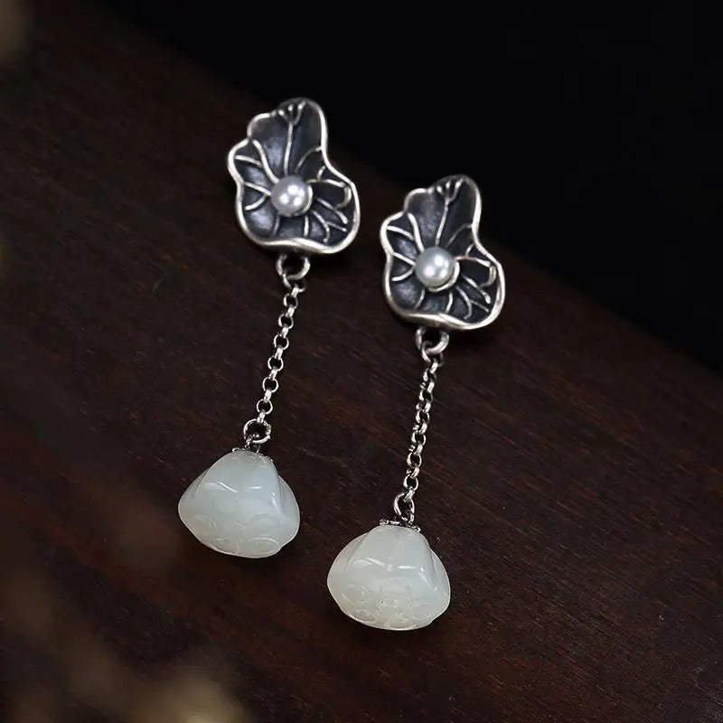 Classic Silver & White Jade Lotus Leaf Pearl Earrings