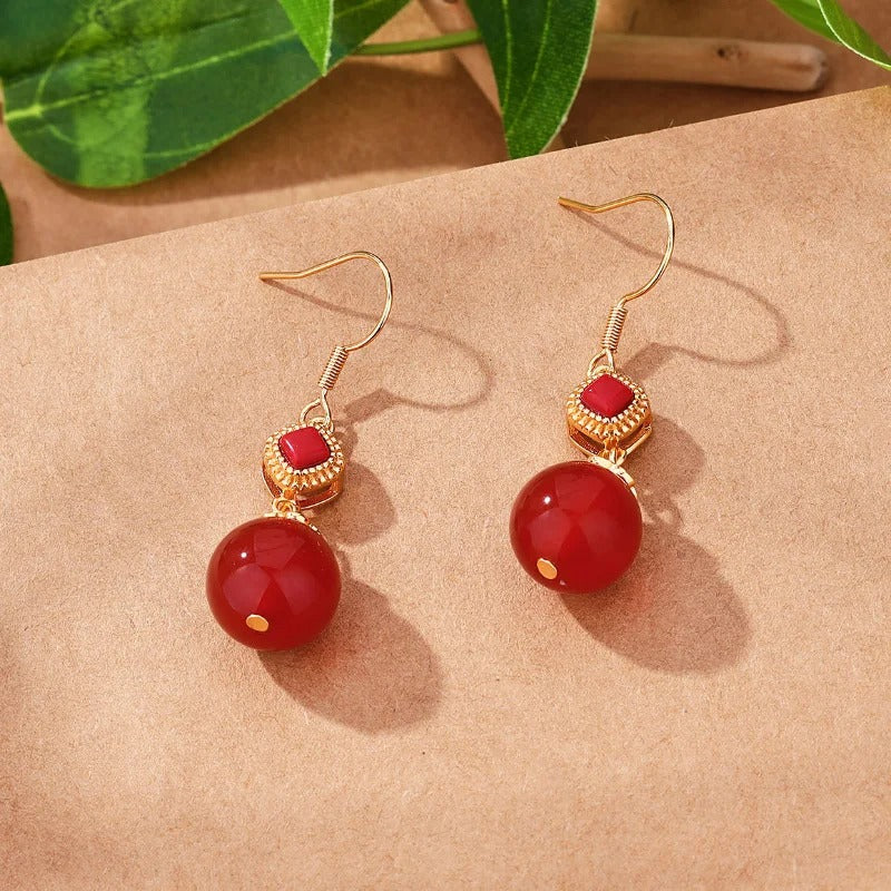 Pendientes colgantes vintage de cuentas redondas con piedras preciosas rojas y doradas