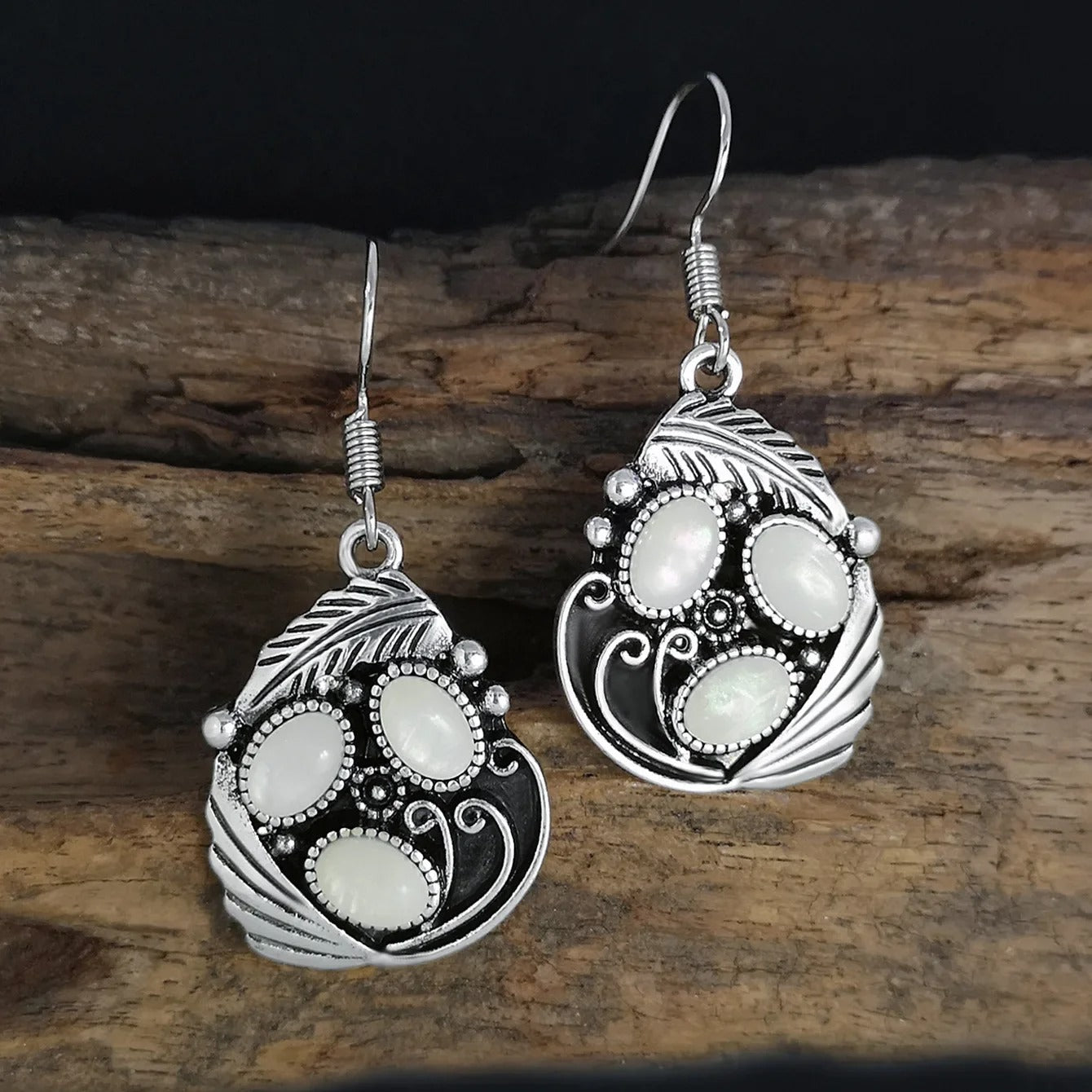 Pendientes colgantes vintage de piedra lunar de plata