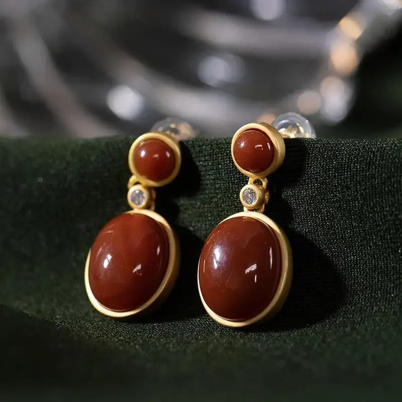 Classic Gold & Red Gemstone Dangle Earrings
