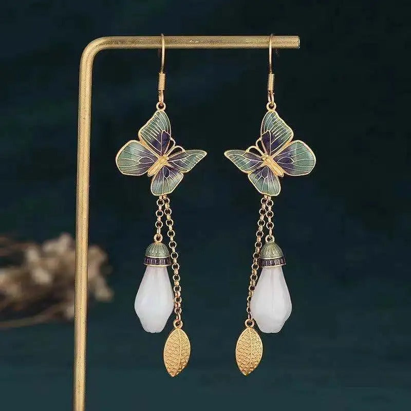 Pendientes vintage de mariposa con perla dorada y verde