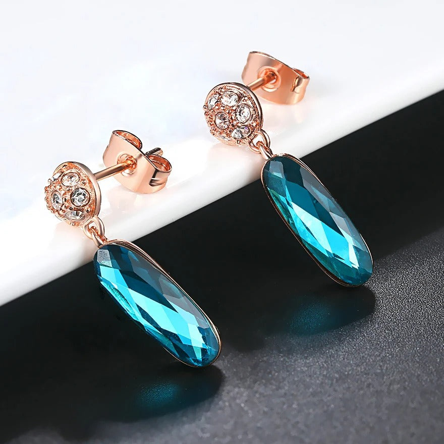Pendientes colgantes vintage de cristal verde azulado y oro rosa
