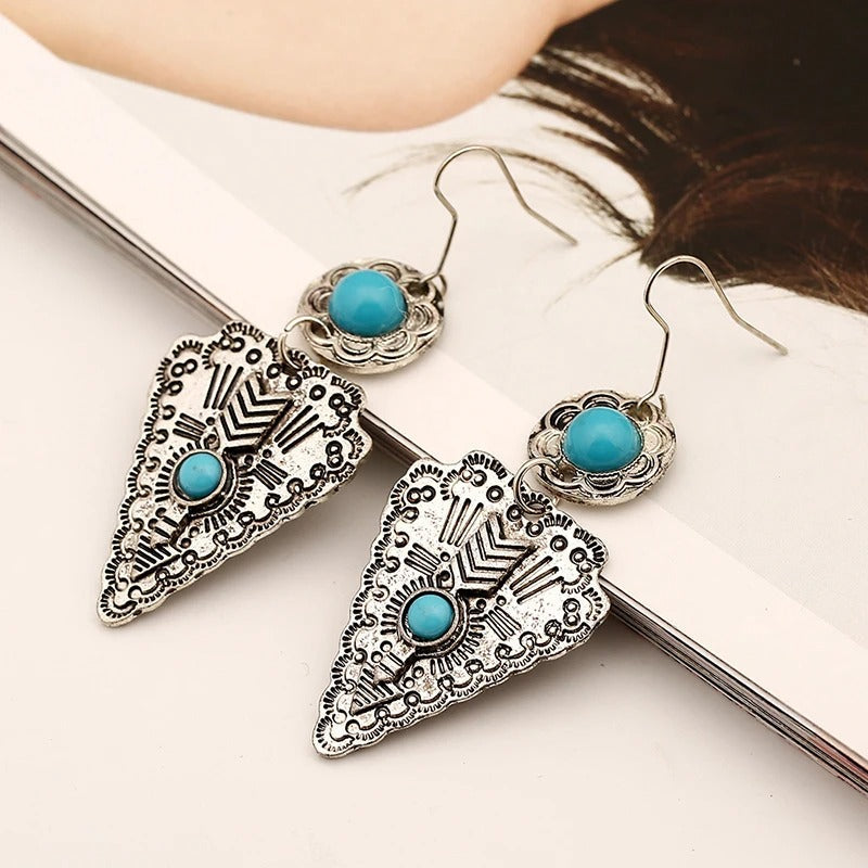 Boucles d'oreilles tribales vintage en argent et turquoise